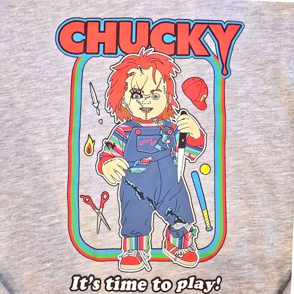 Chucky Child's Play It's Time to Play Hoodie Adult Unisex Small Gray Horror NWT